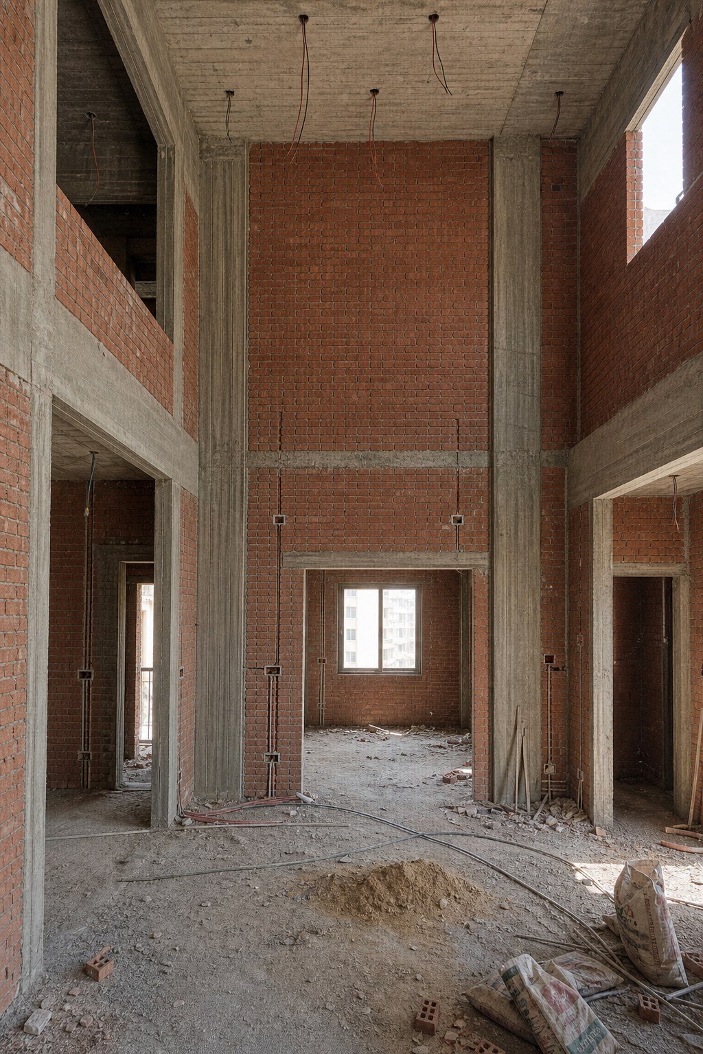 Unfinished double-height grand wall before design