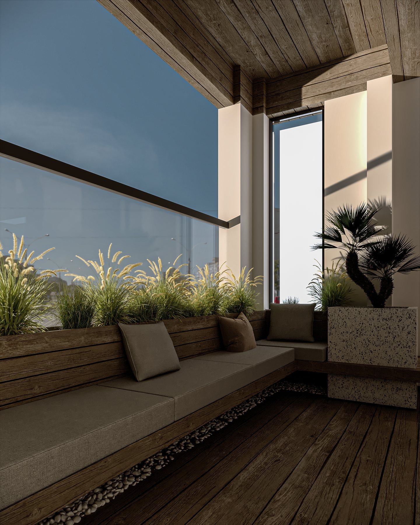 Outdoor terrace with natural light and greenery