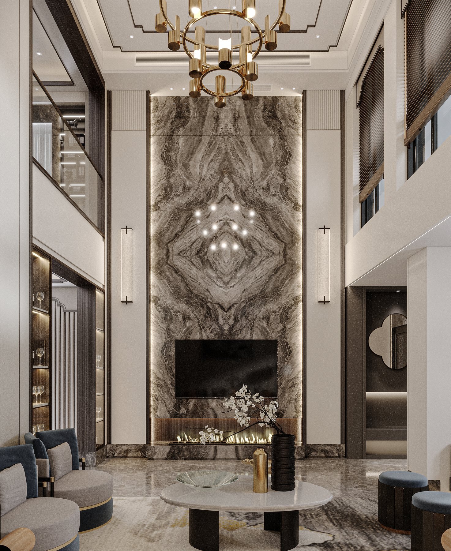 Grounded interior with strong stone and warm materials